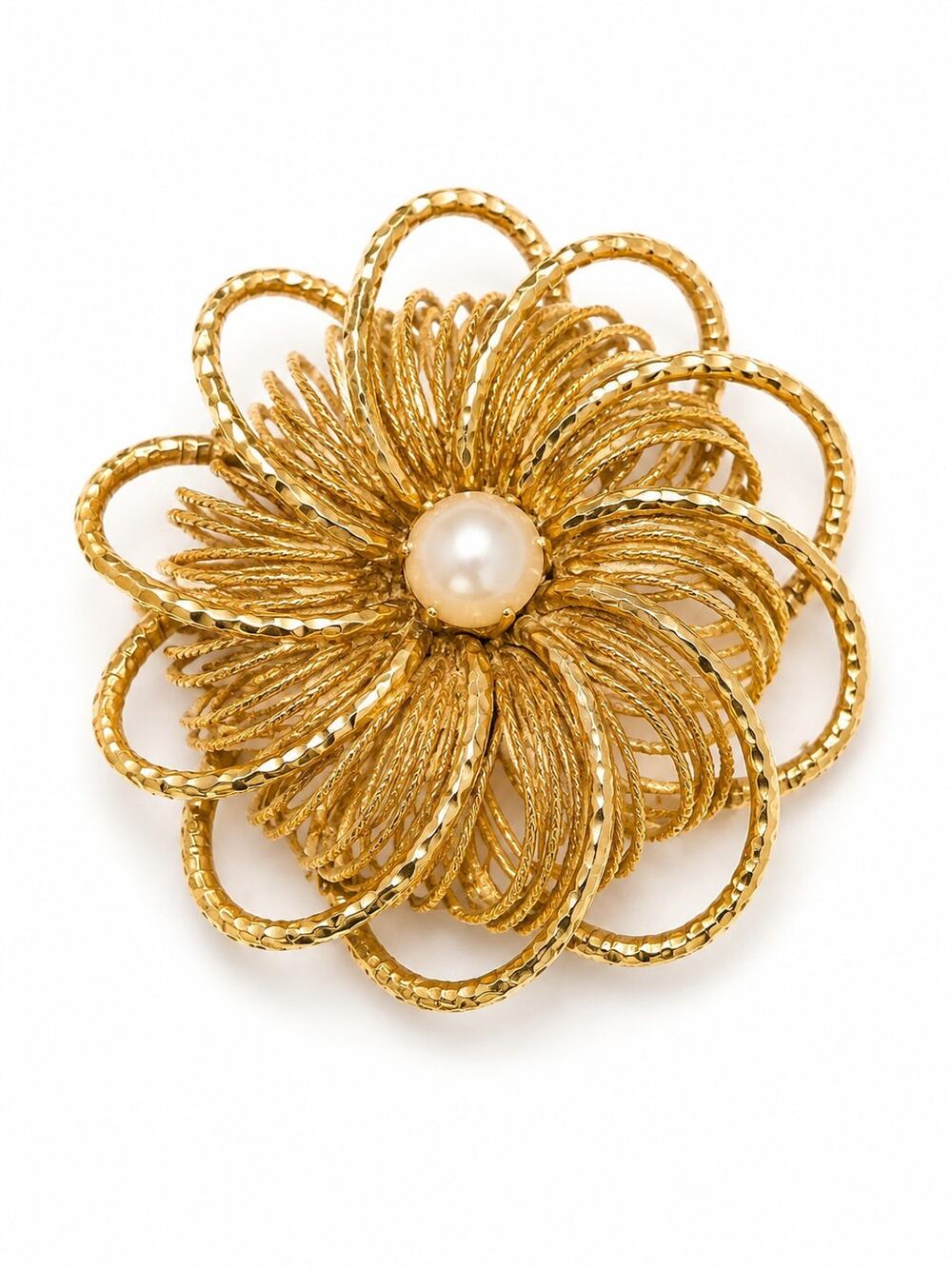Vintage Gold Tone Wire Mesh Sunburst Flower Brooch Pin Pearl Accent 1960s Retro